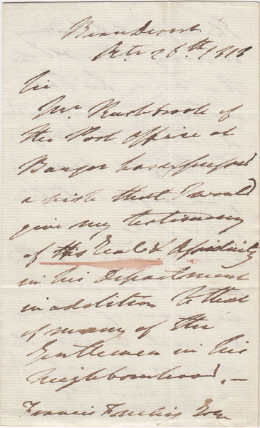 144220 1818 LETTER ONLY 'Beaudesert', TO FRANCIS FREELING REQUESTING INCREASED SALARY FOR POSTMASTER OF BANGOR.