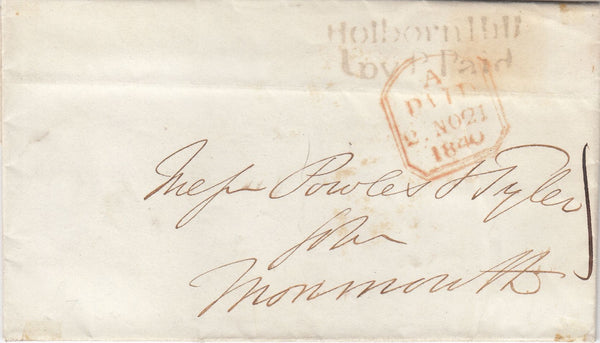144222 1840 MAIL LONDON TO MONMOUTH WITH 'Holborn Hill/1py Paid' HANDSTAMP (L506/HOLHIL22).