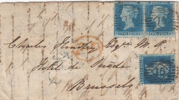 144226 1855 MAIL LONDON TO BRUSSELS 2d BLUE PL.5 COMBINATION OF L.C.14 (SG34) X 2 AND S.C.?16 (SG20a).
