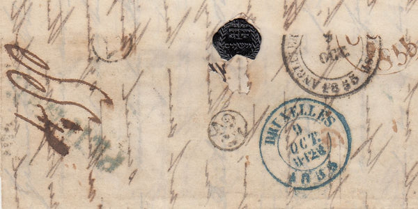 144226 1855 MAIL LONDON TO BRUSSELS 2d BLUE PL.5 COMBINATION OF L.C.14 (SG34) X 2 AND S.C.?16 (SG20a).
