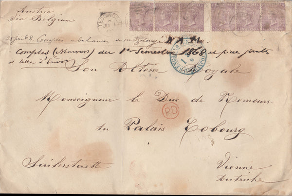 144227 1868 LARGE ENVELOPE TEDDINGTON, MIDDLESEX TO VIENNA 6d LILAC PL.6 (SG104) x SIX.