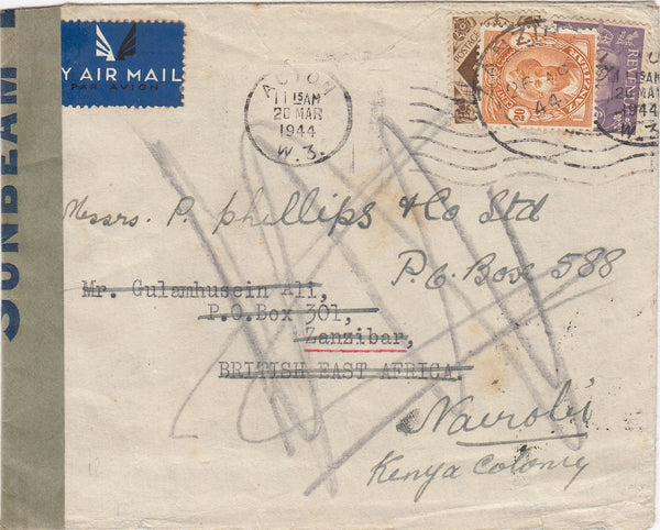 144229 1944 AIRMAIL ACTON, LONDON TO ZANZIBAR KGVI 3d and 1s, REDIRECTED TO NAIROBI WITH ZANZIBAR 20c AND THEN MOMBASA.