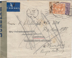 144229 1944 AIRMAIL ACTON, LONDON TO ZANZIBAR KGVI 3d and 1s, REDIRECTED TO NAIROBI WITH ZANZIBAR 20c AND THEN MOMBASA.