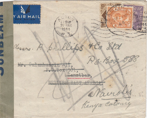 144229 1944 AIRMAIL ACTON, LONDON TO ZANZIBAR KGVI 3d and 1s, REDIRECTED TO NAIROBI WITH ZANZIBAR 20c AND THEN MOMBASA.