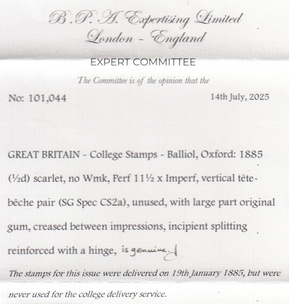 144234 1885 BALLIOL COLLEGE ½d SCARLET 'TETE-BECHE PAIR' (SPEC CS2a) GOOD TO FINE UNUSED.