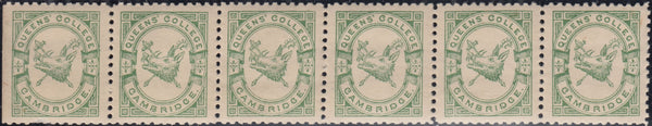 144253 1883 ½d BRIGHT GREEN QUEENS' COLLEGE, CAMBRIDGE (CS15) FINE UNUSED HORIZONTAL STRIP OF SIX.