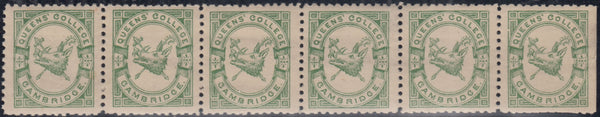 144254 1883 ½d BRIGHT GREEN QUEENS' COLLEGE CAMBRIDGE (CS15) GOOD TO FINE UNUSED HORIZONTAL STRIP OF SIX.
