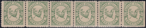 144255 1883 ½d BRIGHT GREEN QUEENS' COLLEGE CAMBRIDGE (CS15) FINE UNUSED HORIZONTAL STRIP OF SIX.