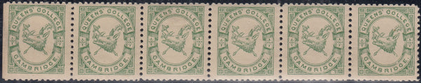 144256 1883 ½d BRIGHT GREEN QUEENS' COLLEGE CAMBRIDGE (CS15) VERY FINE UNUSED HORIZONTAL STRIP OF SIX.