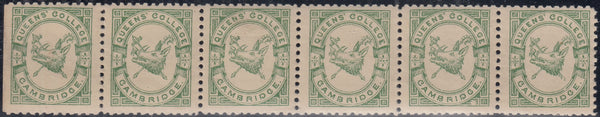 144256 1883 ½d BRIGHT GREEN QUEENS' COLLEGE CAMBRIDGE (CS15) VERY FINE UNUSED HORIZONTAL STRIP OF SIX.