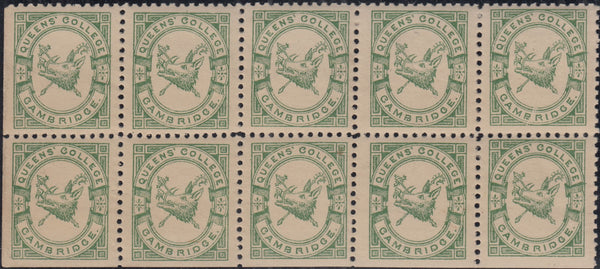 144257 1883 ½d BRIGHT GREEN QUEENS' COLLEGE CAMBRIDGE (CS15) VERY FINE UNUSED BLOCK OF TEN.