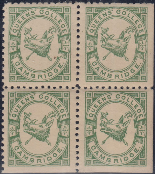 144258 1883 ½d BRIGHT GREEN QUEENS' COLLEGE CAMBRIDGE (CS15) VERY FINE UNUSED CORNER BLOCK OF FOUR IMPERFORATE AT FOOT AND RIGHT.