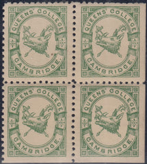144258 1883 ½d BRIGHT GREEN QUEENS' COLLEGE CAMBRIDGE (CS15) VERY FINE UNUSED CORNER BLOCK OF FOUR IMPERFORATE AT FOOT AND RIGHT.