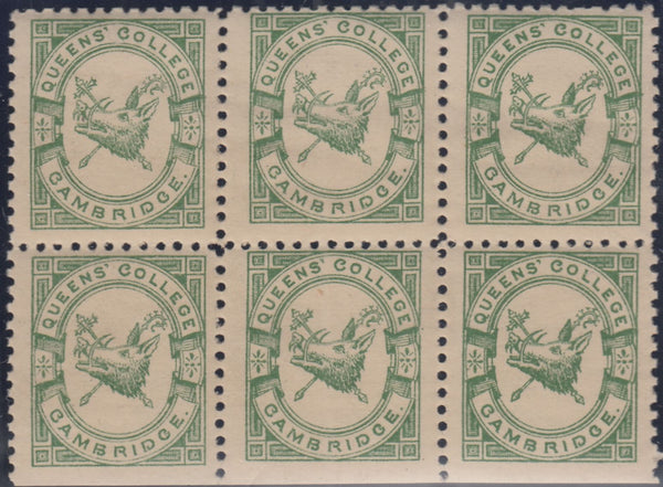 144259 1883 ½d BRIGHT GREEN QUEENS' COLLEGE CAMBRDIGE (CS15) FINE UNUSED BLOCK OF SIX.
