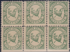 144259 1883 ½d BRIGHT GREEN QUEENS' COLLEGE CAMBRDIGE (CS15) FINE UNUSED BLOCK OF SIX.