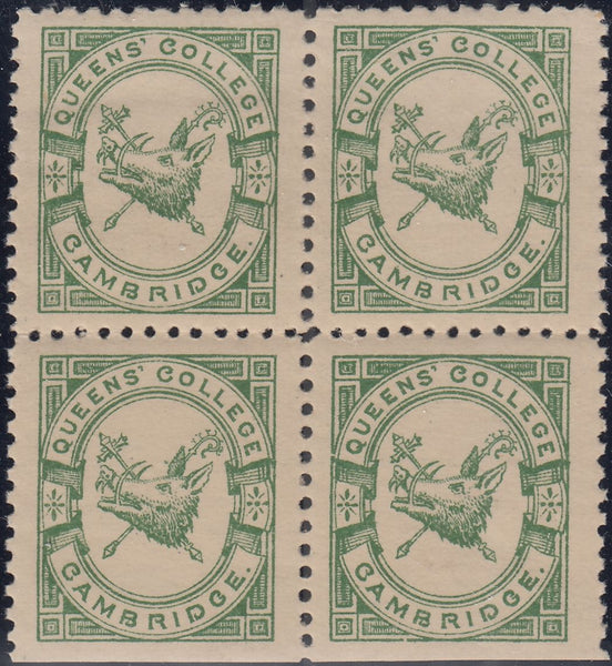 144260 1883 ½d BRIGHT GREEN QUEENS' COLLEGE CAMBRDIGE (CS15) FINE UNUSED BLOCK OF FOUR.
