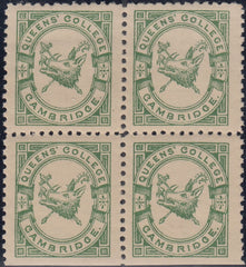 144260 1883 ½d BRIGHT GREEN QUEENS' COLLEGE CAMBRDIGE (CS15) FINE UNUSED BLOCK OF FOUR.