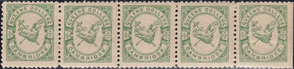 144261 1883 ½d BRIGHT GREEN QUEENS' COLLEGE CAMBRDIGE (CS15) FINE UNUSED HORIZONTAL STRIP OF FIVE.