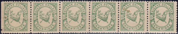 144262 1883 ½d BRIGHT GREEN QUEENS' COLLEGE CAMBRIDGE (CS15) FINE UNUSED HORIZONTAL STRIP OF SIX.