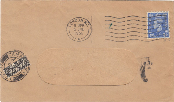 144267 1950 WINDOW ENVELOPE LONDON TO CAMBERLEY, SURREY KGVI 2d BLACK POSTAGE DUE (D29) VARIETY BISECT.