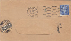144267 1950 WINDOW ENVELOPE LONDON TO CAMBERLEY, SURREY KGVI 2d BLACK POSTAGE DUE (D29) VARIETY BISECT.