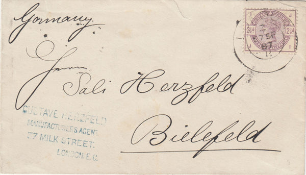 144268 1887 MAIL LONDON TO BIELEFELD, GERMANY 2½d LILAC (SG190).