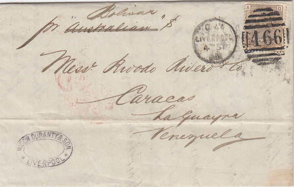 144269 1880 MAIL LIVERPOOL TO VENEZUELA 4d GREY-BROWN PL.17 WATERMARK LARGE GARTER (SG154).