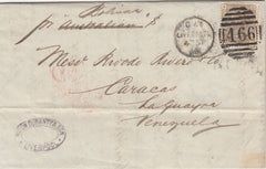 144269 1880 MAIL LIVERPOOL TO VENEZUELA 4d GREY-BROWN PL.17 WATERMARK LARGE GARTER (SG154).