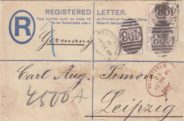 144270 1886 2d BLUE REGISTERED ENVELOPE MANCHESTER TO LEIPZIG UPRATED 2d (SG189), 2½d (SG190) AND 3D LILACS (SG191).