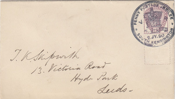 144271 1890 PENNY POSTAGE JUBILEE, MAIL FROM SOUTH KENSINGTON EXHIBITION TO LEEDS WITH 1½d LILAC (SG188) SOUTH KENSINGTON EXHIBITION HANDSTAMP.