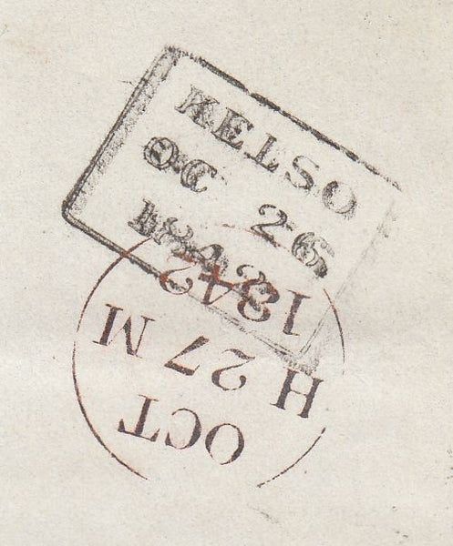 144272 1842 MAIL KELSO, ROXBURGHSHIRE TO EDINBURGH 1d (SG8) PL.21 STRIP OF SIX WITH FINE TO VERY FINE STRIKES KELSO DISTINCTIVE MALTESE CROSS (SPEC B1to).