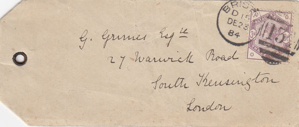 144273 1884 PARCEL TAG BRISTOL TO LONDON 3d LILAC (SG191).
