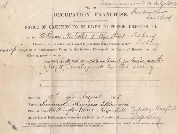 144274 1885 'NOTICE OF OBJECTION' USED IN LEDBURY, HEREFORDSHIRE 3d LILAC (SG191).