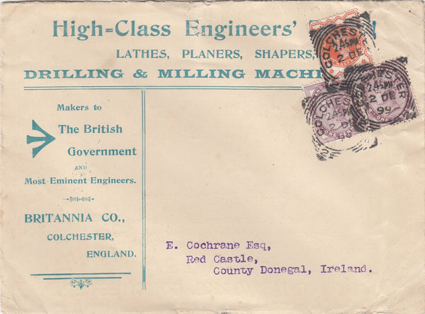 144275 1899 ADVERTISING MAIL COLCHESTER TO IRELAND  ½d (SG197) 1d (SG172) 'COLCHESTER' SQUARED CIRCLES.