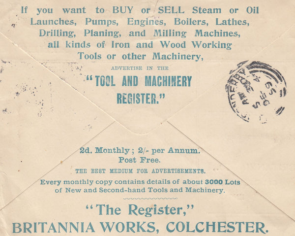 144275 1899 ADVERTISING MAIL COLCHESTER TO IRELAND  ½d (SG197) 1d (SG172) 'COLCHESTER' SQUARED CIRCLES.