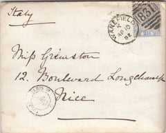 144276 1882 MAIL WAKEFIELD TO NICE 2½d BLUE PL.23 (SG157).