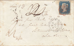 144277 1840 UNDERPAID MAIL HARTING, SUSSEX TO LONDON VIA PETERSFIELD 2d BLUE PL.1 (SG5)(PD).