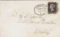 144278 1840 1d GREY-BLACK PL.8 (SG3) VERY LATE USAGE IN 1857 LIVERPOOL TO BRISTOL CANCELLED 'LIVERPOOL/466' SPOON.