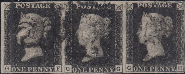 144281 1840 1d BLACK PL.5 (SG2) GOOD TO FINE USED STRIP OF THREE GF GG GH.