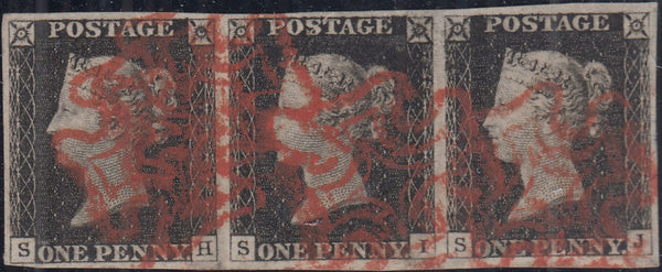 144282 1840 1d BLACK PL.2 (SG2) FINE USED STRIP OF THREE SH SI SJ.