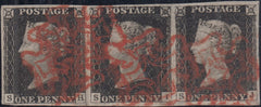 144282 1840 1d BLACK PL.2 (SG2) FINE USED STRIP OF THREE SH SI SJ.