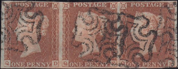 144283 1841 1d RED PLATE 2 (SG7) GOOD TO FINE USED STRIP OF THREE QD QE QF.