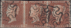 144283 1841 1d RED PLATE 2 (SG7) GOOD TO FINE USED STRIP OF THREE QD QE QF.
