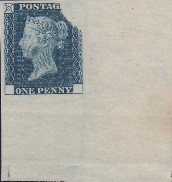 144285 1840 1d RAINBOW TRIAL STATE 3 (SPEC DP20b) SUPERB CORNER EXAMPLE IN PRUSSIAN BLUE.