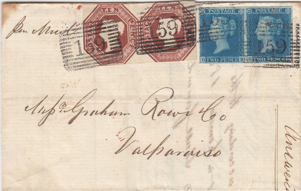 144286 1850 MAIL GLASGOW TO VALPARAISO, CHILE PAIR 10d EMBOSSED DEEP BROWN (SG57 SPEC H2(2) AND PAIR 2d BLUE PL.3 (SG14).