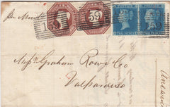 144286 1850 MAIL GLASGOW TO VALPARAISO, CHILE PAIR 10d EMBOSSED DEEP BROWN (SG57 SPEC H2(2) AND PAIR 2d BLUE PL.3 (SG14).