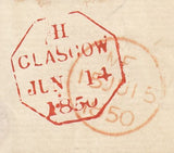 144286 1850 MAIL GLASGOW TO VALPARAISO, CHILE PAIR 10d EMBOSSED DEEP BROWN (SG57 SPEC H2(2) AND PAIR 2d BLUE PL.3 (SG14).