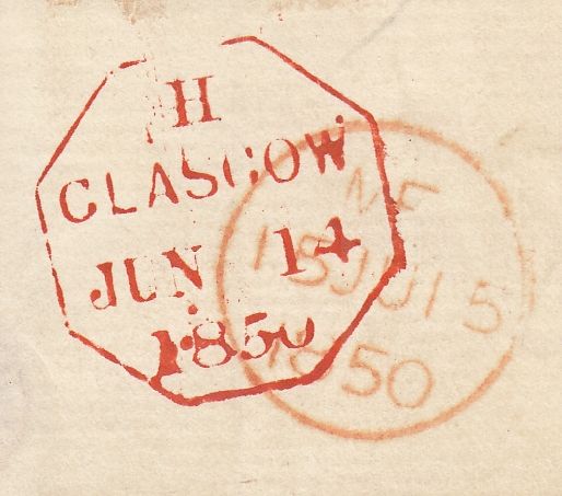 144286 1850 MAIL GLASGOW TO VALPARAISO, CHILE PAIR 10d EMBOSSED DEEP BROWN (SG57 SPEC H2(2) AND PAIR 2d BLUE PL.3 (SG14).