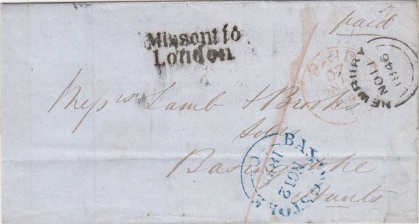 144287 1846 MAIL NEWBURY, BERKS TO BASINGSTOKE, MISSORTED WITH 'Missent to/London' HANDSTAMP ( L236).