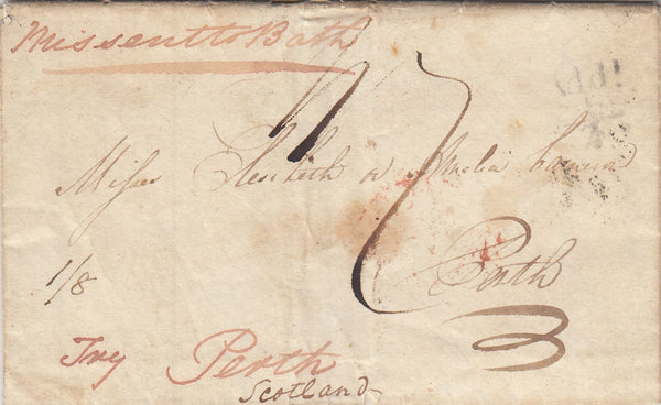 144288 1829 MAIL FROM CINCINATTI? TO PERTH, SCOTLAND, MISSENT TO BATH IN SOMERSET.